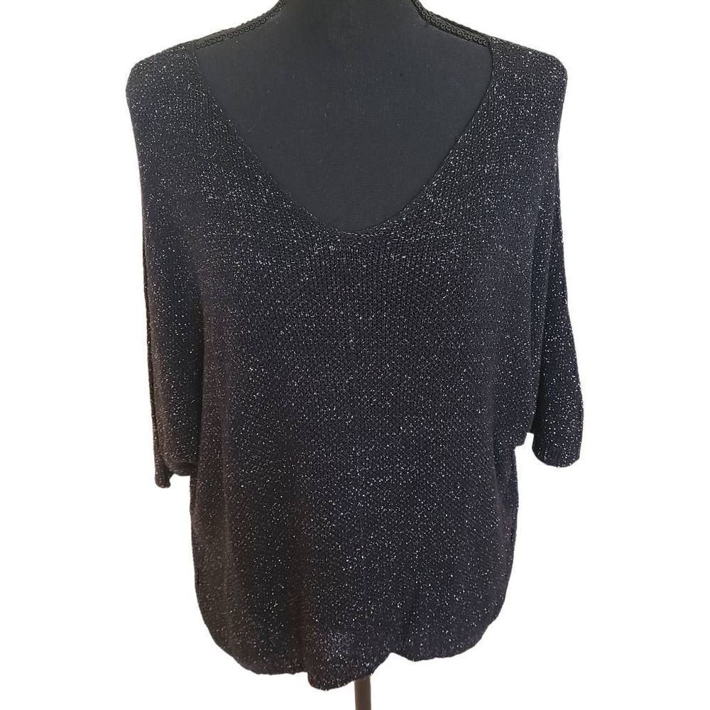 Gigi Moda Womens Black Sliver Sparkle Pull Over Knit Sweater